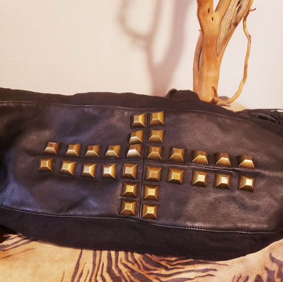 LIVE on SUNSET Blk. Linen/ Leather XL HoBo w/ Studs Bag-NEW - Picture 5 of 13